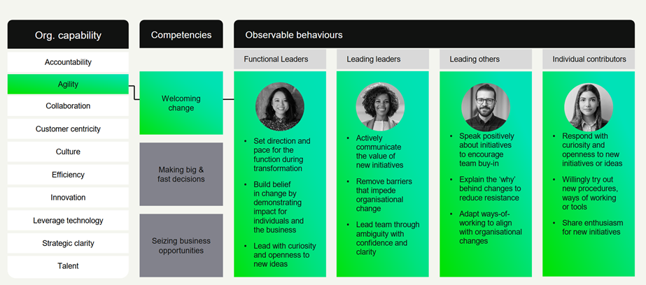 MindGym framework showing agility competencies and observable leadership behaviours across functional leaders, leading leaders and individual contributors