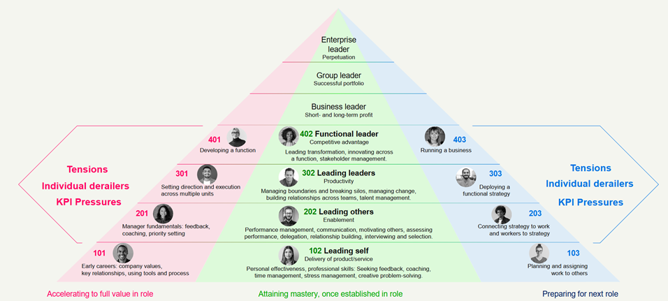 MindGym leadership development pyramid showing career progression from leading self to enterprise leader, with tensions, KPI pressures and individual derailers at each level