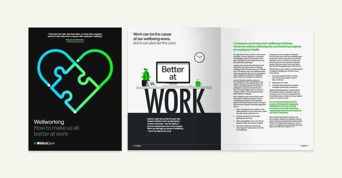 The cover and first page of MindGym's Wellworking whitepaper The cover and first page of MindGym's Wellworking whitepaper