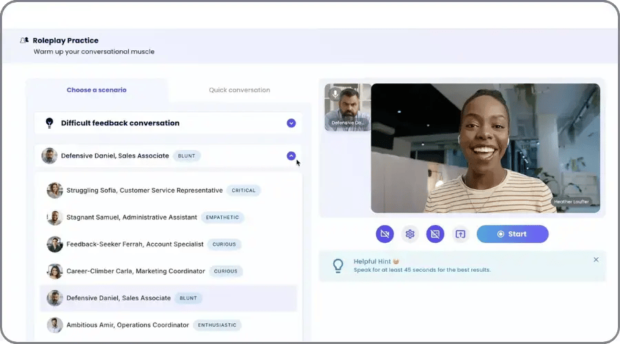 Screenshot of Lio conversation coach user interface showing roleplay with conversation type selection