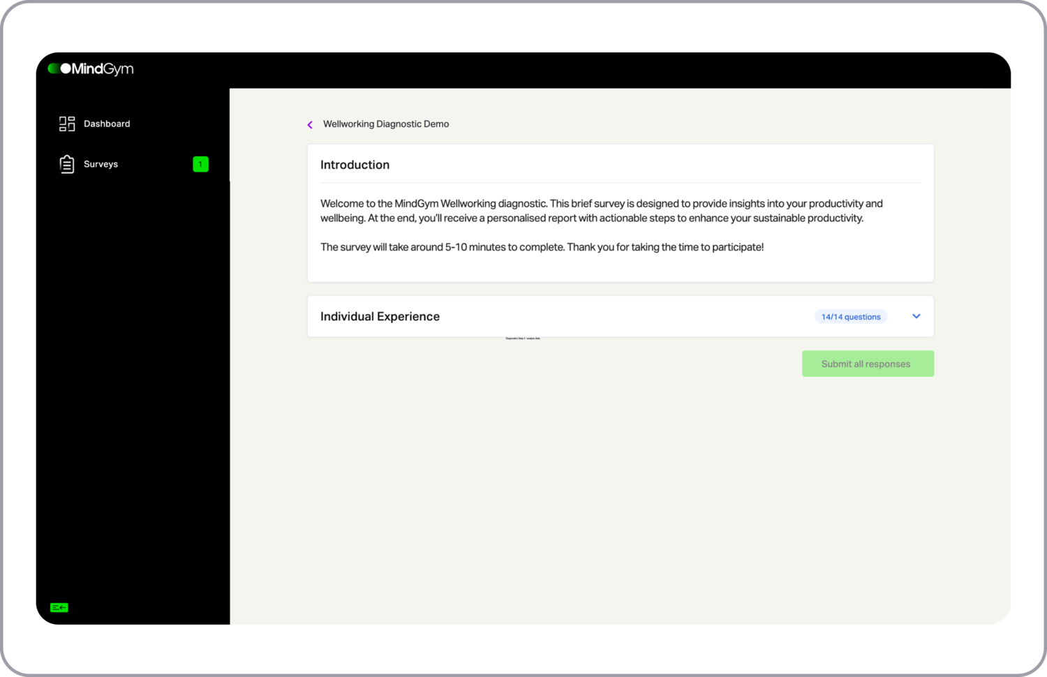 A screenshot taken from the user interface of MindGym's Diagnostics showing the introduction to the 'Wellworking Diagnostic Demo'