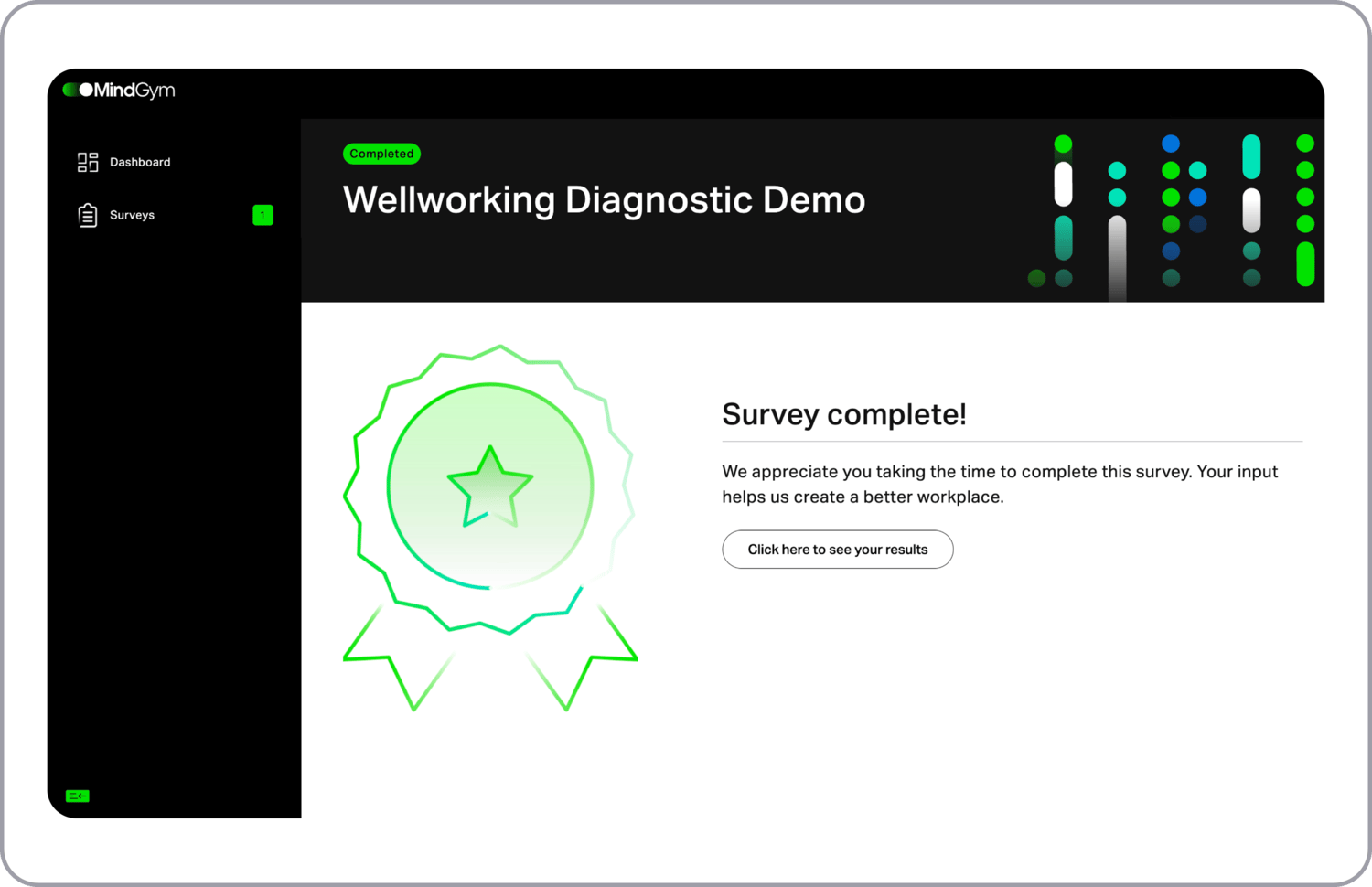 A screenshot taken from the user interface of MindGym's Diagnostics showing a user completing the survey for the 'Wellworking Diagnostic Demo'