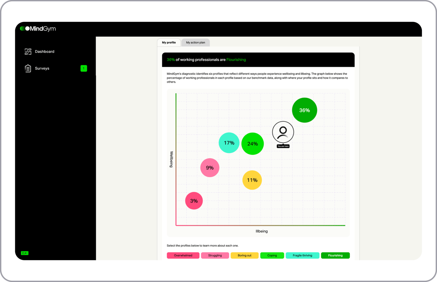 A screenshot taken from the user interface of MindGym's Diagnostics showing a user's profile and where along a chart of wellbeing and illbeing they fall based on their assessment results