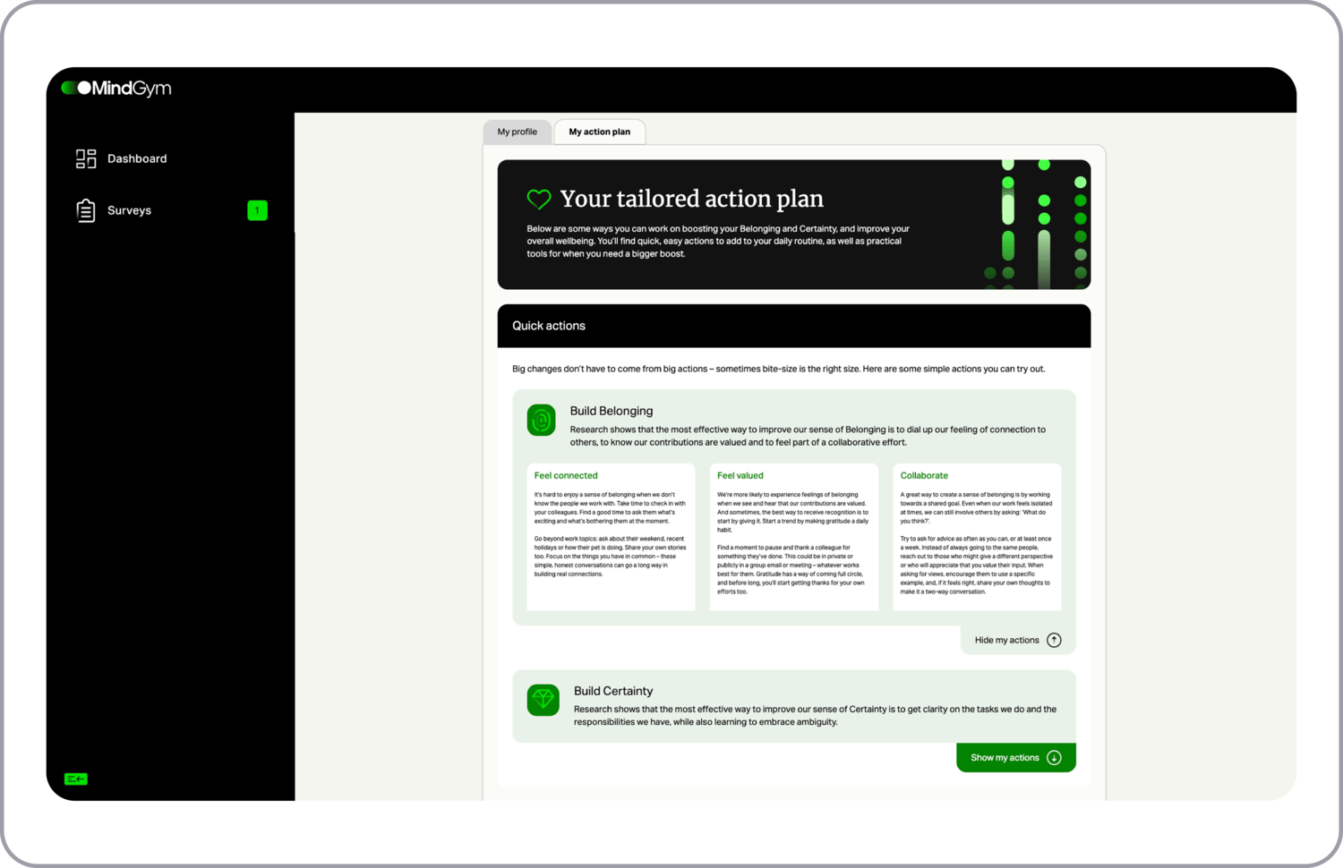 A screenshot taken from the user interface of MindGym's Diagnostics showing the user's profile with tailored action plan and quick actions