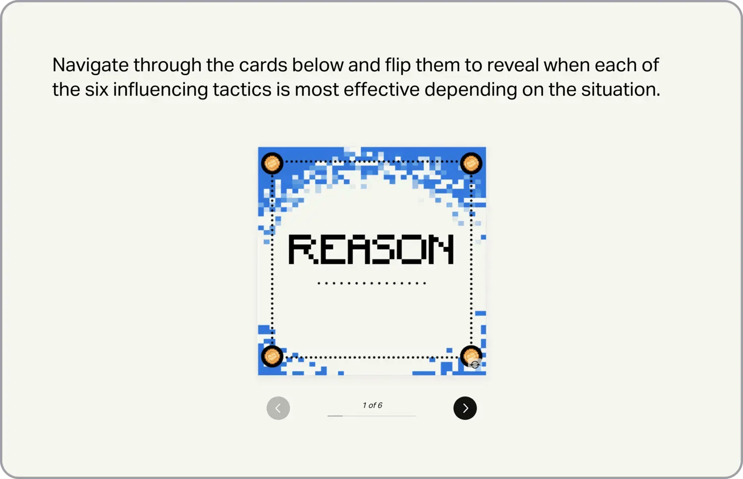 A screenshot taken from the user interface of an eWorkout showing a card called 'Reason' that the user can flit to reveal more information about the influencing tactic