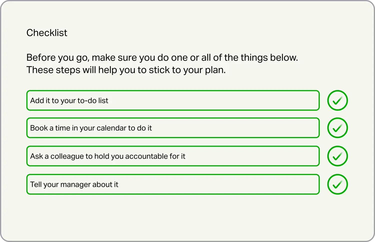 A screenshot taken from the user interface of an eWorkout with a checklist of four to-dos the user is prompted to complete as part of this eWorkout module