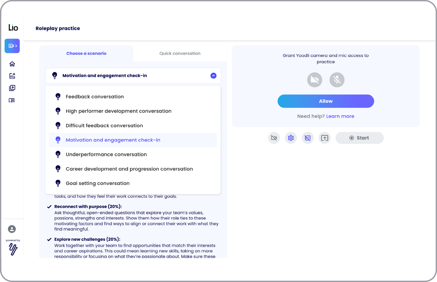 The user interface of the Lio AI conversation coach showing roleplay practice with optional scenarios to choose from