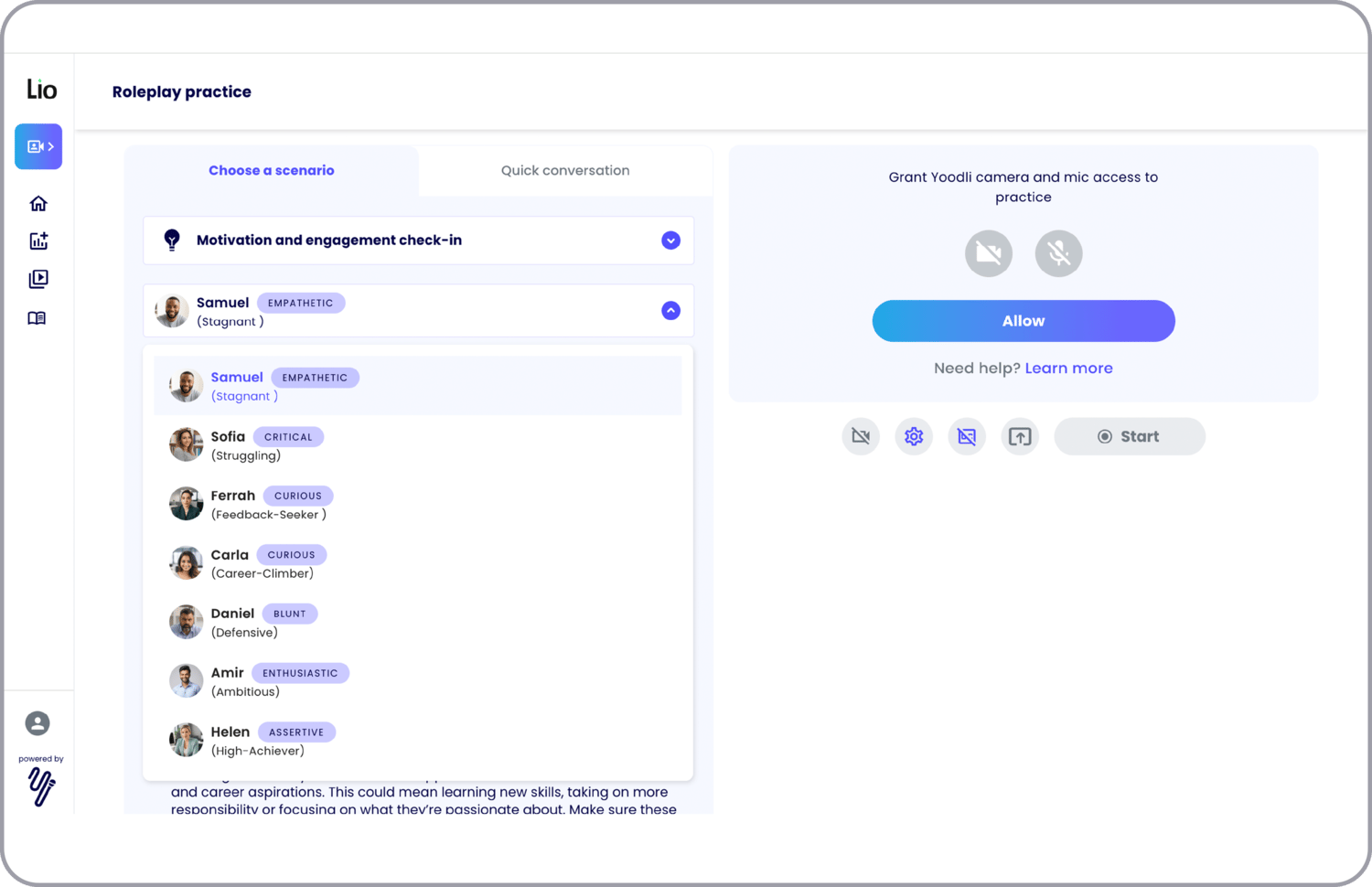 The user interface of the Lio AI conversation coach showing roleplay practice with personas or temperaments to choose from