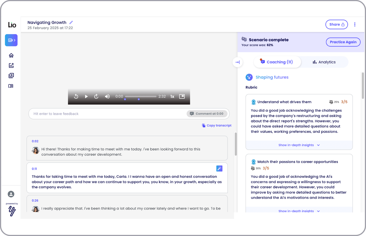 The user interface of the Lio AI conversation coach showing a completed scenario with coaching scores and conversation transcript