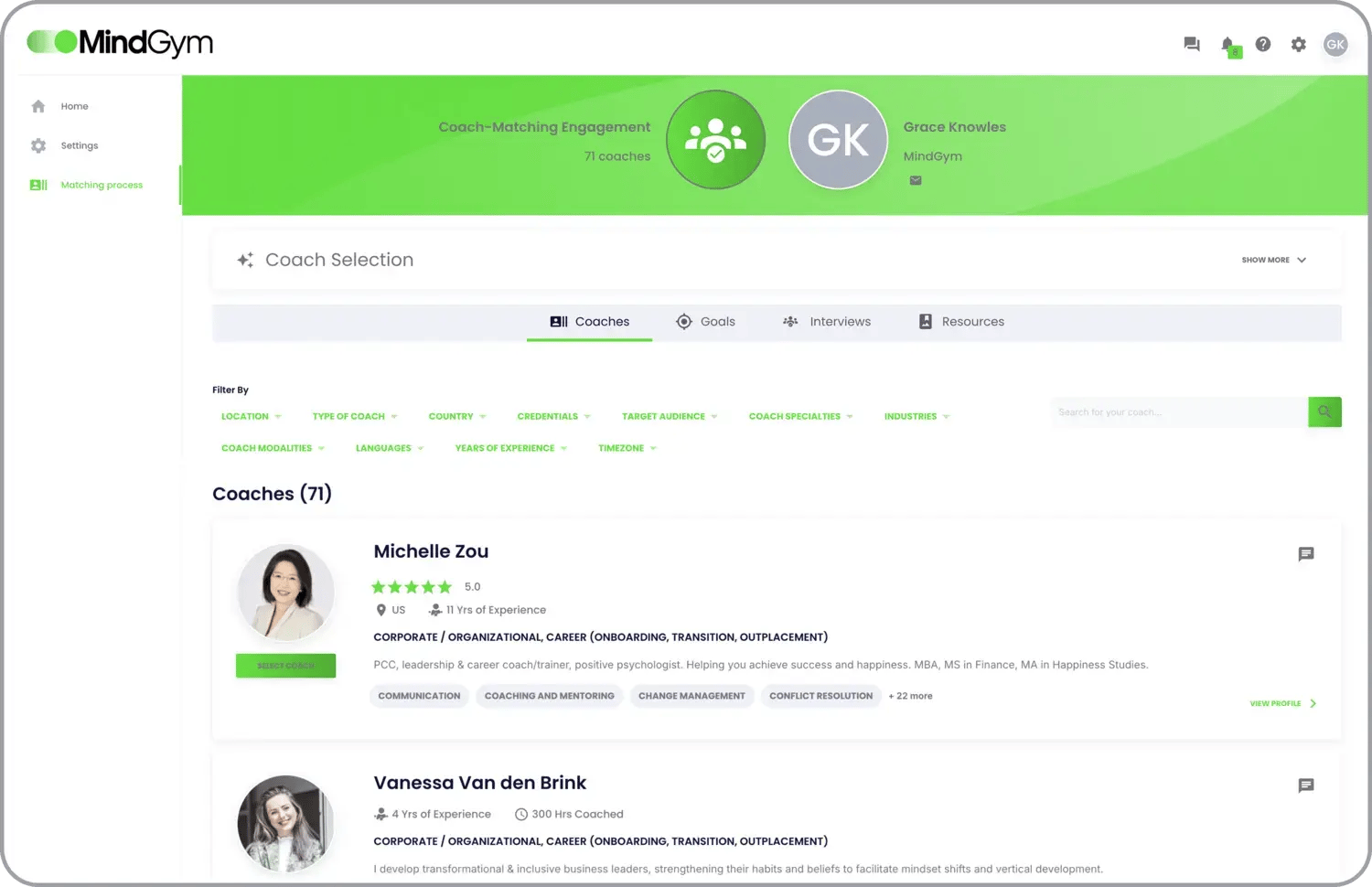 A screenshot of a user interface of the Performa coaching platform showing two coach's headshots and brief profile information