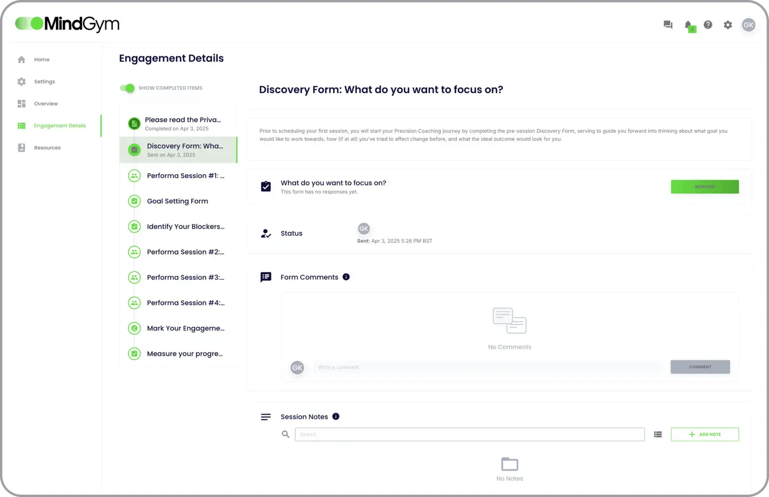 A screenshot of a user interface of the Performa coaching platform showing showing the engagement details menu with options for the user to choose what to focus on