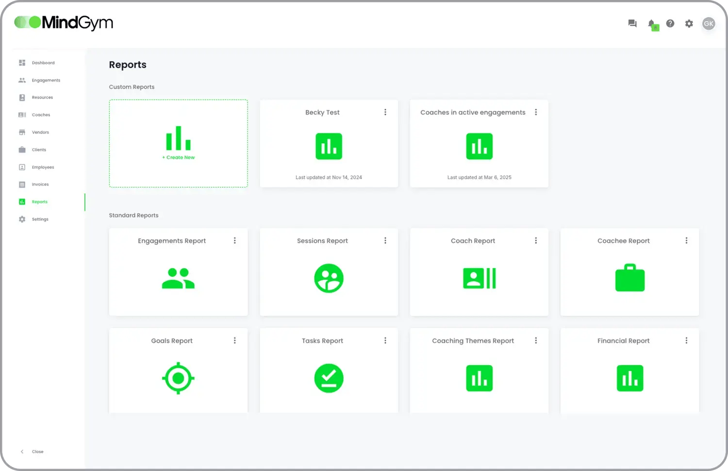 A screenshot of a user interface of the Performa coaching platform showing various standard and custom report options