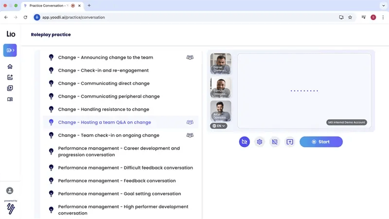A screenshot of the user interface of Lio manager conversation coach