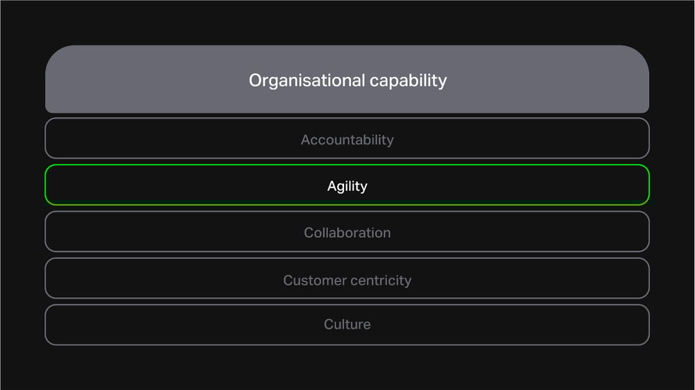 A single-column table with 'organisational capability' at the top and 'agility' highlighted in a row below